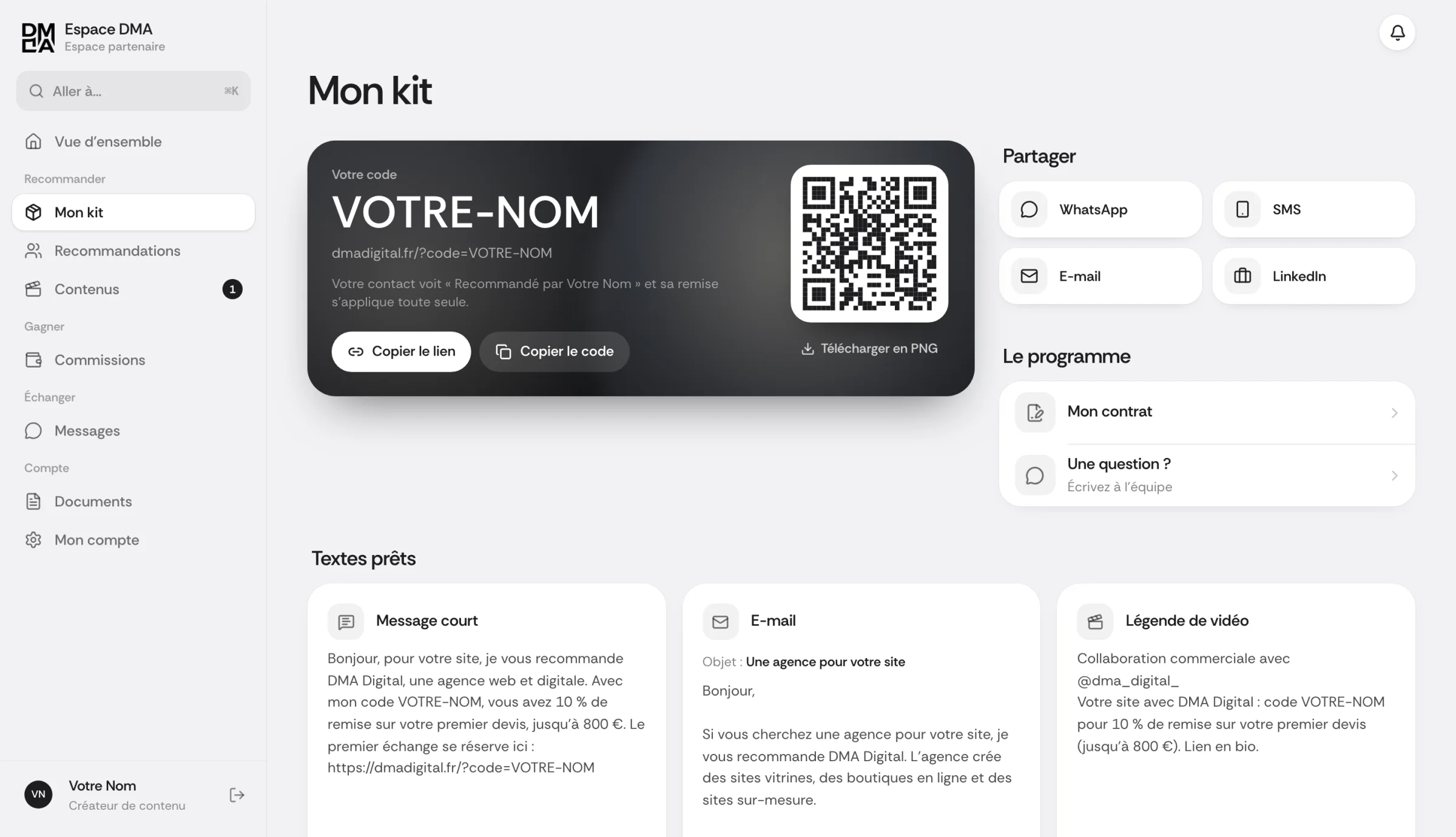 Écran Mon kit de l'espace partenaire DMA Digital sur ordinateur, données d'exemple
