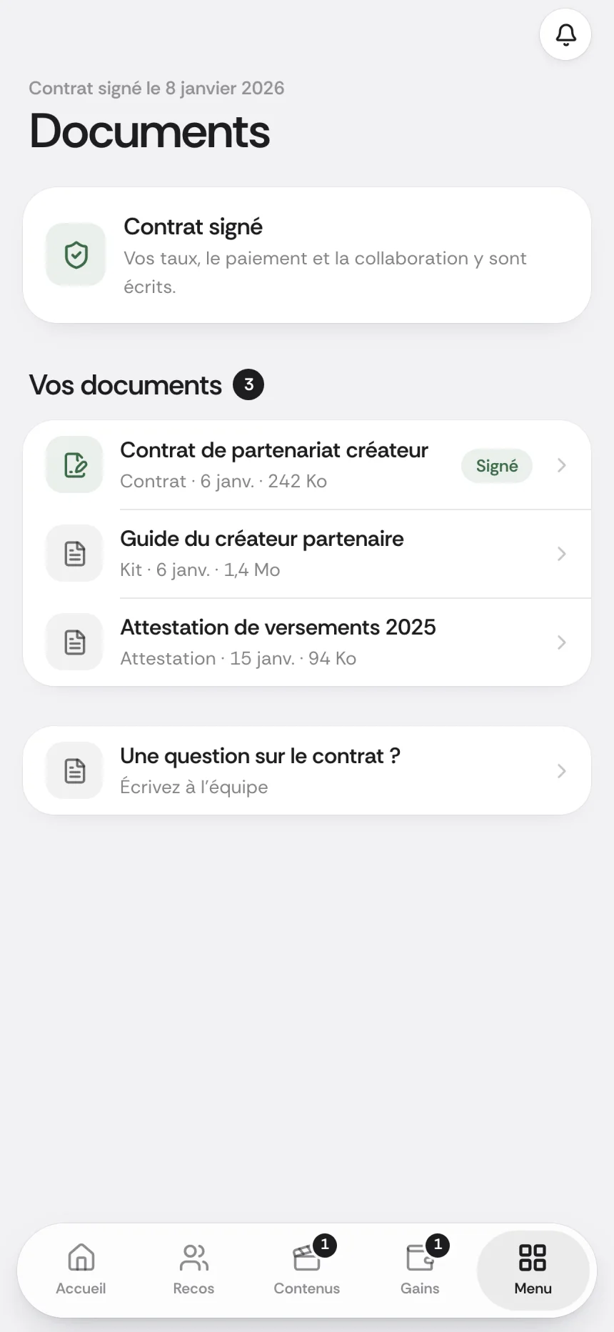 Écran Documents de l'espace partenaire DMA Digital sur téléphone, données d'exemple