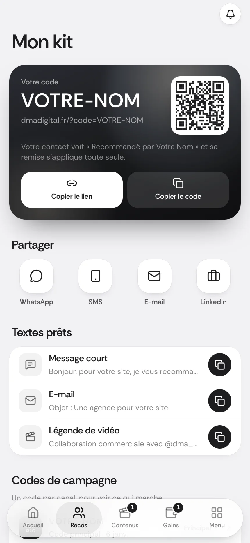 Écran Mon kit de l'espace partenaire DMA Digital sur téléphone, données d'exemple