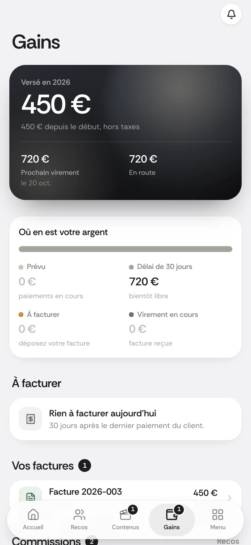 Écran Gains de l'espace partenaire DMA Digital sur téléphone, données d'exemple