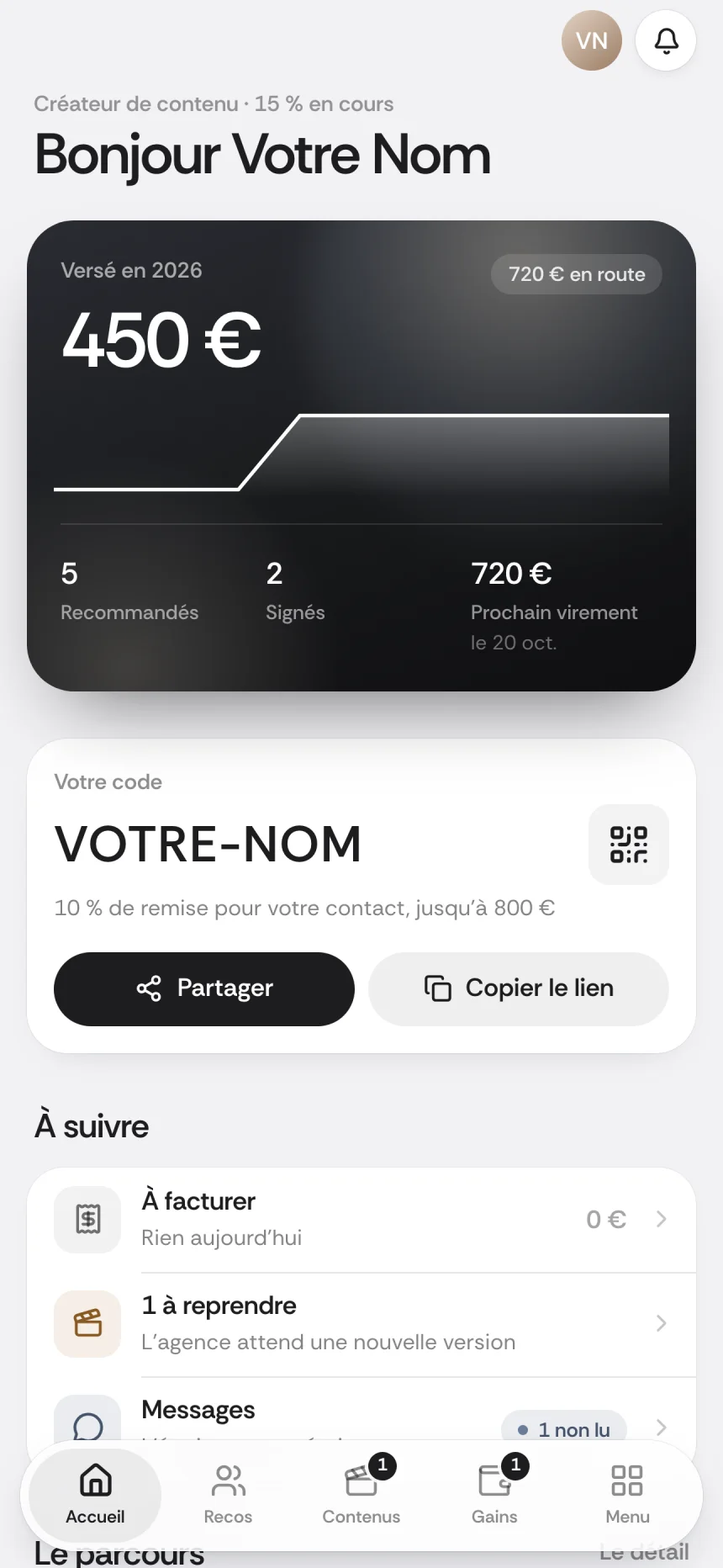 Écran Vue d'ensemble de l'espace partenaire DMA Digital sur téléphone, données d'exemple