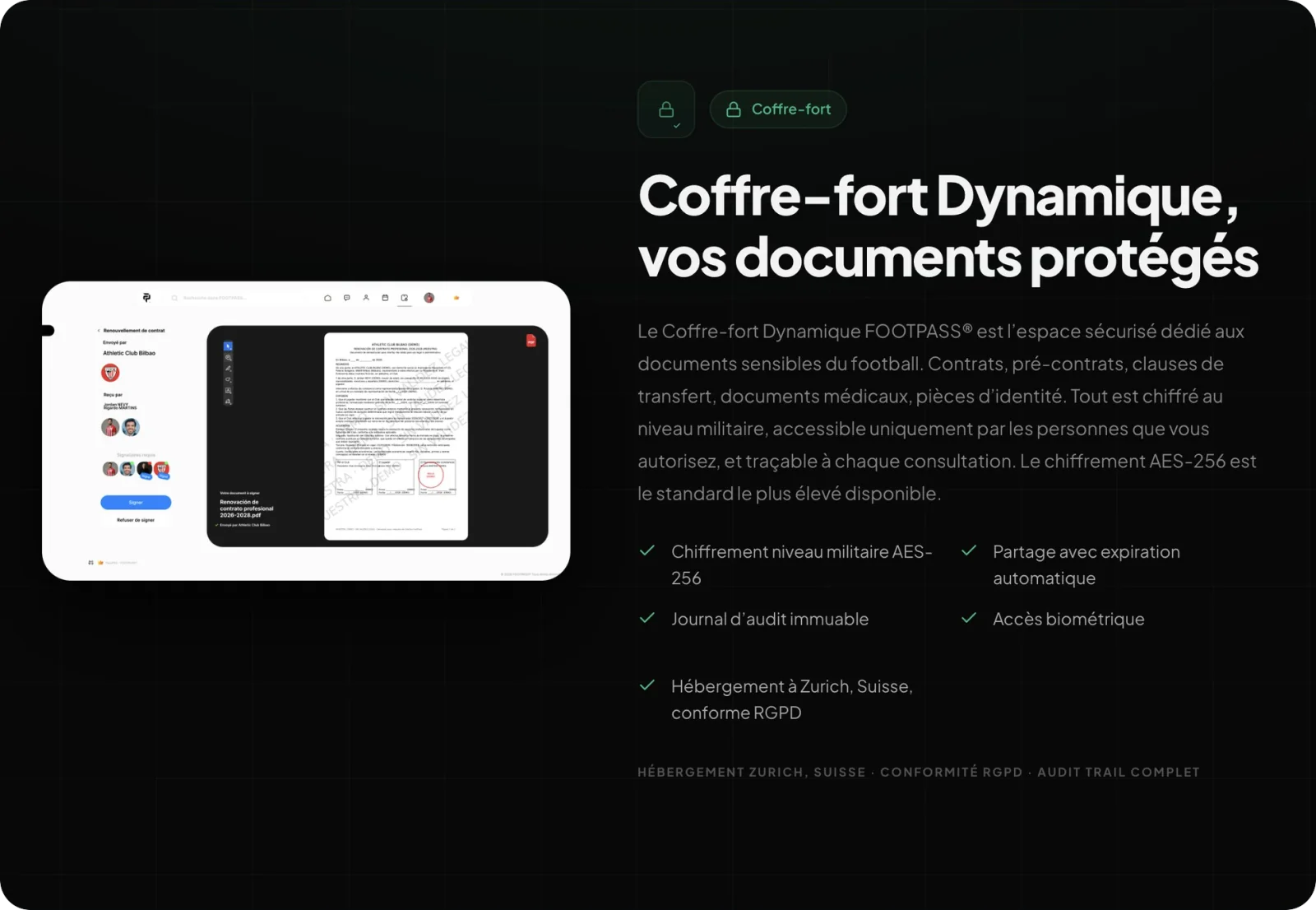 Section Coffre-fort dynamique du site Footpass : un document protégé ouvert à l'écran