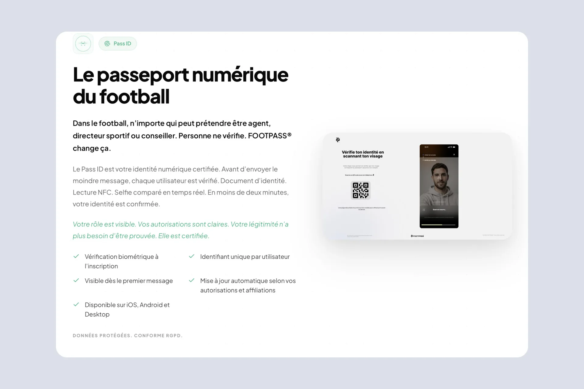 Section Pass ID du site Footpass : vérification de l'identité par QR code et selfie