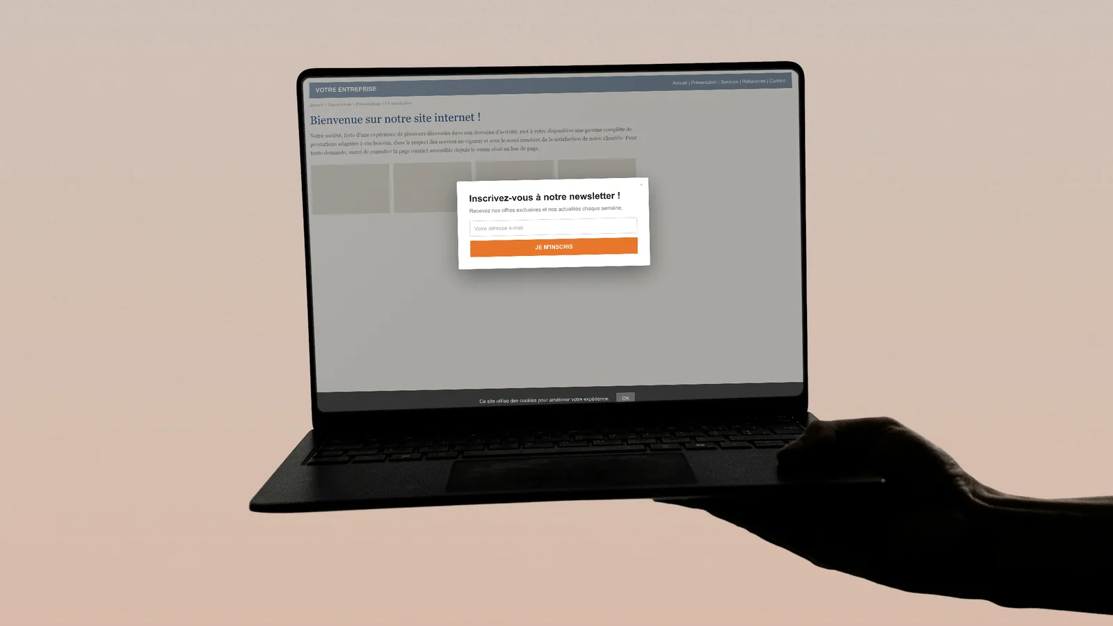 Site vieillissant avec une fenêtre d'inscription à la newsletter, sur un ordinateur portable