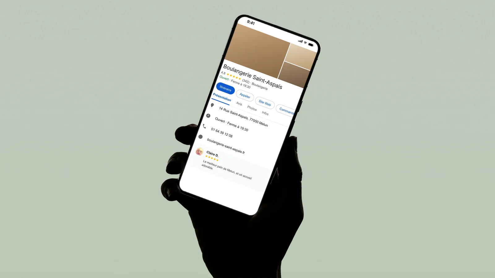 Fiche d'établissement Google d'une boulangerie, avec photos, horaires et avis, sur un téléphone