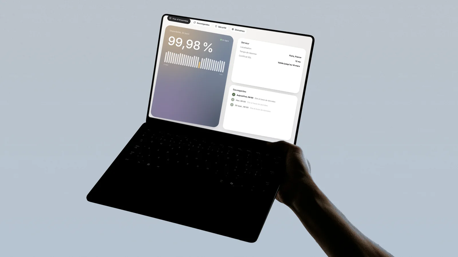 Tableau de bord d'hébergement sur un ordinateur portable : disponibilité, serveur et sauvegardes