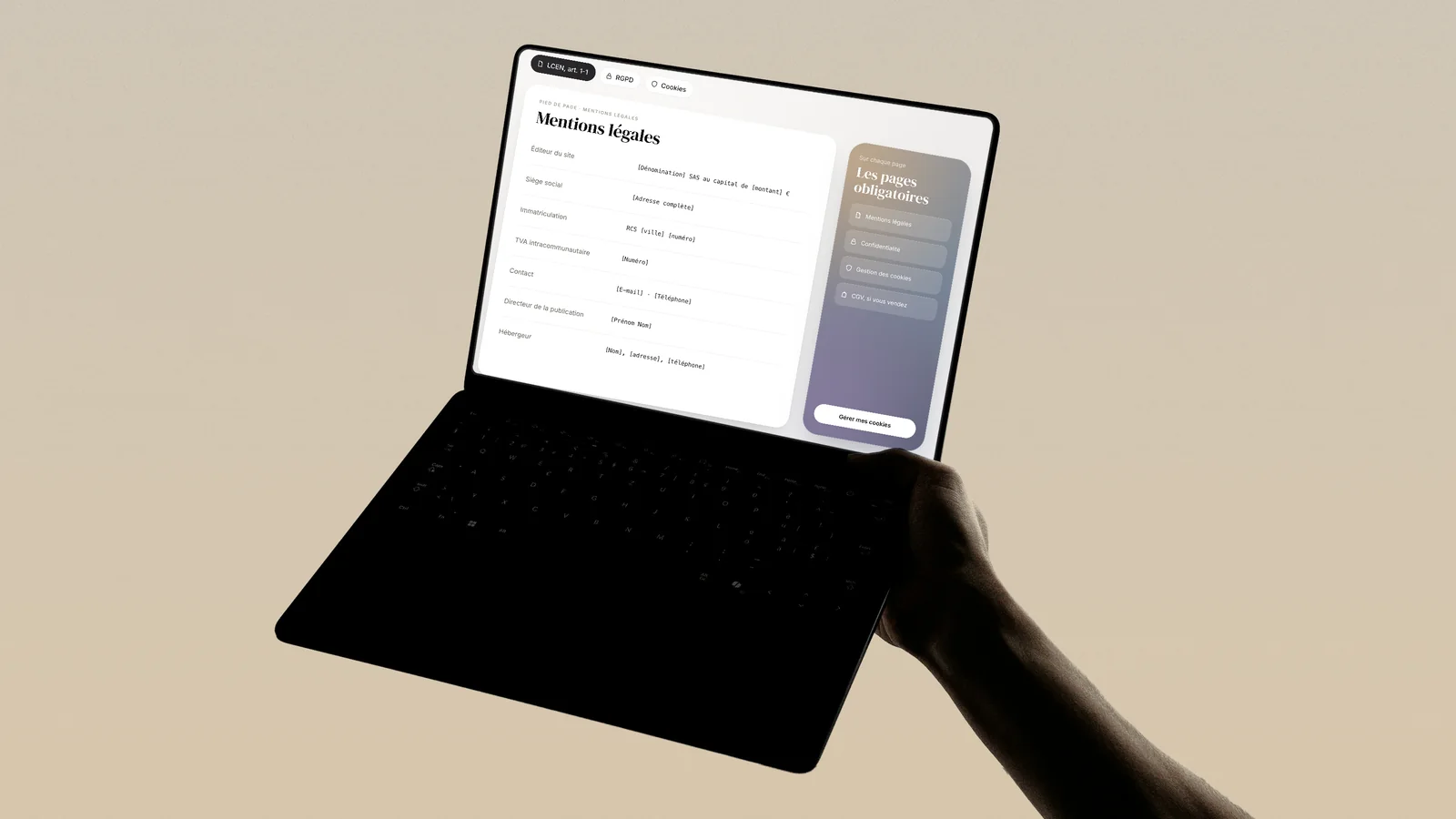 Page de mentions légales d'une société fictive sur un ordinateur portable : éditeur, immatriculation, directeur de la publication et hébergeur, avec la liste des pages obligatoires