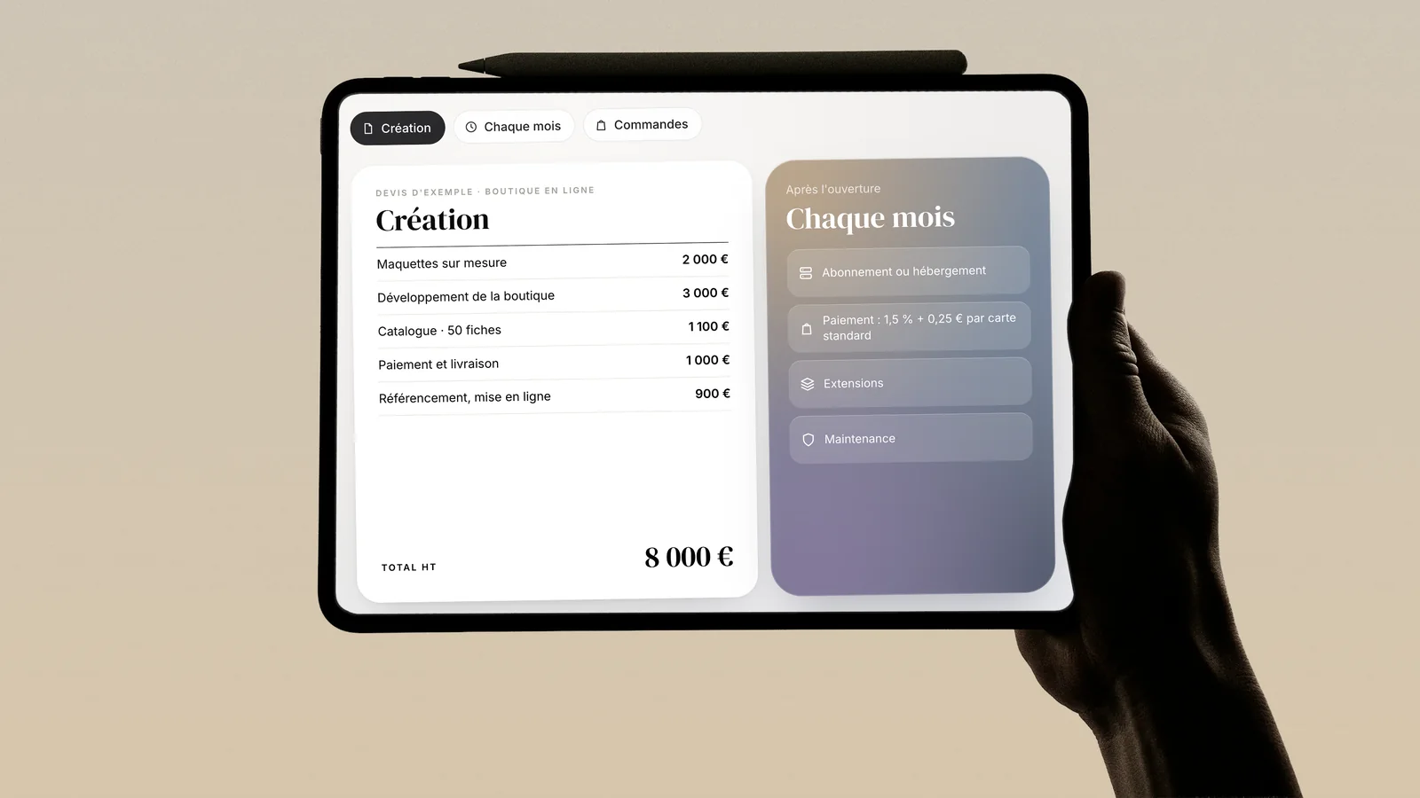 Budget d'une boutique en ligne sur une tablette&nbsp;: devis d'exemple de création à 8&nbsp;000&nbsp;€ HT et frais qui reviennent chaque mois